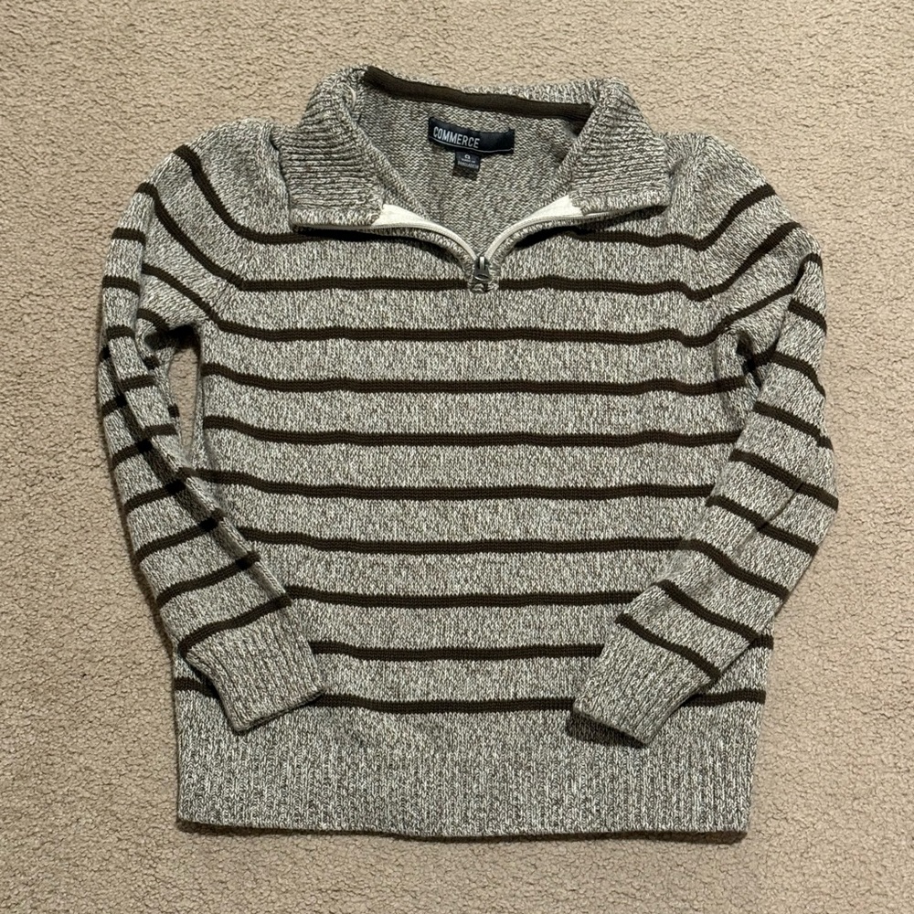Commerce Boys’ Striped 1/4 Zip Sweater Size 8 Brown Cream Marled Knit